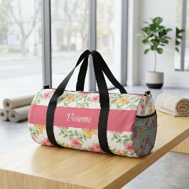 ピンク オレンジ グリーン 水彩画 野の花 モノグラム ダッフルバッグ