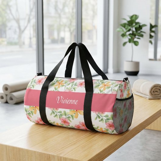 ピンク オレンジ グリーン 水彩画 野の花 モノグラム ダッフルバッグ