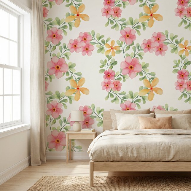 ピンク オレンジ グリーン 水彩画 野の花 壁紙 (Pink Orange Green Watercolor Wildflower Wallpaper)