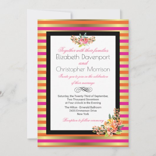 ピンク、オレンジ、フェイク金ゴールドメタリックストライプズ結婚の 招待状 (正面)