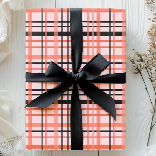 ピンク、オレンジ、ブラックのハロウィーンプレイドパターン ラッピングペーパー