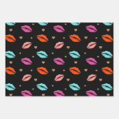 ピンク、オレンジ、ブルーリップ&金ゴールドハートバレンタイン ラッピングペーパーシート (正面2)