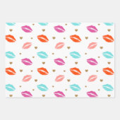 ピンク、オレンジ、ブルーリップ&金ゴールドハートバレンタイン ラッピングペーパーシート (正面)