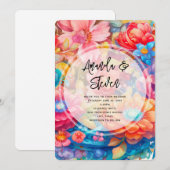 ピンク オレンジ & ブルー ボーホー ウェディングの花束 招待状 (正面/裏面)