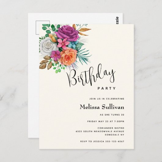 ピンク、オレンジ & ホワイトのバラの誕生日招待状 ポストカード (正面/裏面)