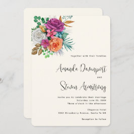 ピンク、オレンジ、ホワイトローズフローラブーケ結婚ス 招待状