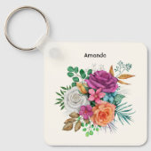 ピンク、オレンジ、ホワイトローズフローラブーケ キーホルダー (正面)