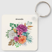 ピンク、オレンジ、ホワイトローズフローラブーケ キーホルダー (裏面)