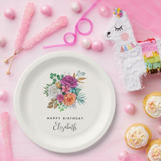ピンク、オレンジ、ホワイトローズフローラブーケ ペーパープレート (パーティー)