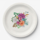 ピンク、オレンジ、ホワイトローズフローラブーケ ペーパープレート (正面)