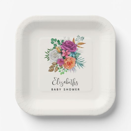 ピンク、オレンジ、ホワイトローズフローラブーケ ペーパープレート (正面)