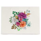 ピンク、オレンジ、ホワイトローズフローラブーケ ラージペーパーバッグ (正面)