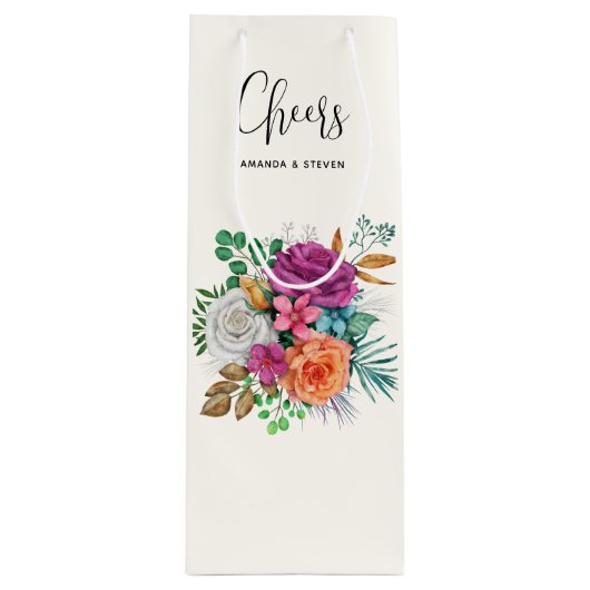 ピンク、オレンジ、ホワイトローゼブーケ応援 ワインギフトバッグ (正面)