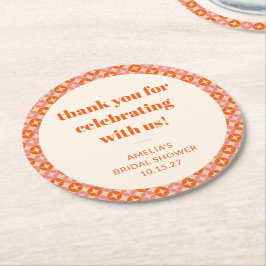 ピンク オレンジ ミッド センチュリー カスタム ブライダル シャワー サンクス ラウンドペーパーコースター