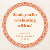 ピンク オレンジ ミッド センチュリー カスタム ブライダル シャワー サンクス ラウンドペーパーコースター (正面)