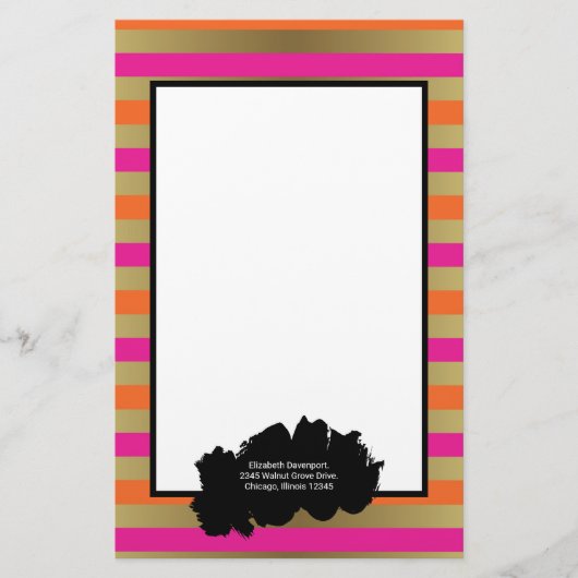 ピンク、オレンジ、メタリックフェイク金ゴールドストライプ 便箋 (正面)