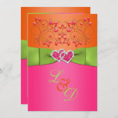 ピンク、オレンジ、ライムフローラ結合ハート招待状2 招待状 (正面/裏面)