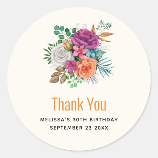 ピンク、オレンジ、白のバラのパーティーありがとう ラウンドシール (正面)