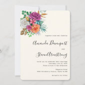 ピンク、オレンジ & 白のバラの花束 ウェディング 招待状 (正面)