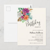 ピンク、オレンジ & 白のバラの誕生日招待状 ポストカード (正面/裏面)