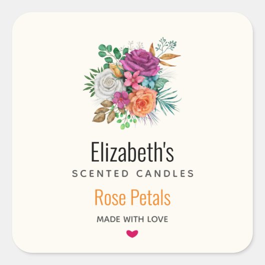 ピンク、オレンジ、白のバラ花束キャンドルビジネス スクエアシール (正面)