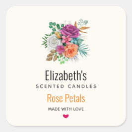 ピンク、オレンジ、白のバラ花束キャンドルビジネス スクエアシール