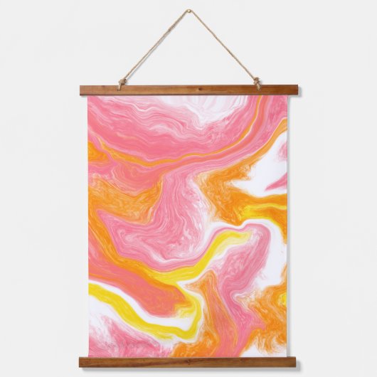 ピンク、オレンジ、白の大理石の流体アート 吊り下げ型タペストリー (正面)