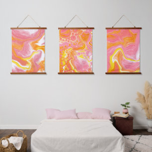 ピンク、オレンジ、白の大理石の流体アート 吊り下げ型タペストリー