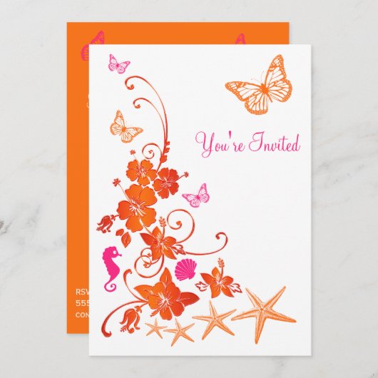 ピンク、オレンジ、白の熱帯ビーチポスト結婚ズ 招待状 (正面/裏面)