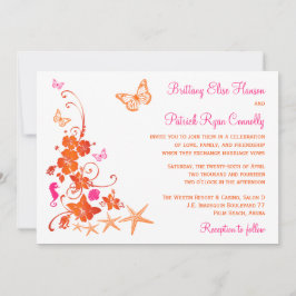 ピンク、オレンジ、白色の熱帯ビーチ結婚式招待状 招待状