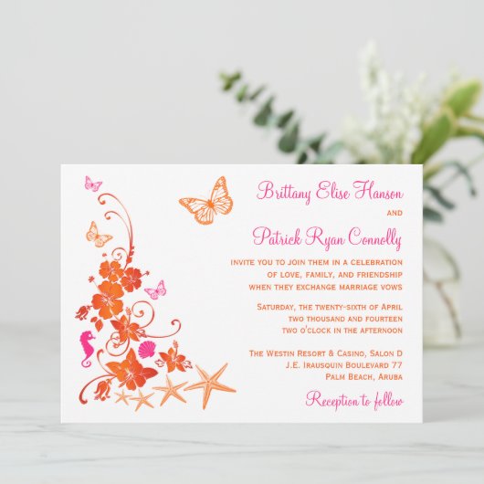 ピンク、オレンジ、白色の熱帯ビーチ結婚式招待状 招待状 (スタンド正面)