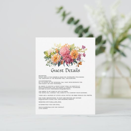 ピンク、オレンジ & 緑の花の結婚式ゲスト詳細 エンクロージャーカード (スタンド正面)