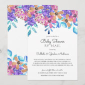 ピンク オレンジ 花の水彩画 ベビーシャワー 郵送にて 招待状 (正面/裏面)