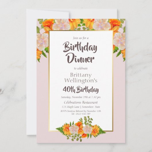 ピンク オレンジ 花柄 40歳 誕生日パーティー 招待状 (正面)