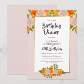 ピンク オレンジ 花柄 40歳 誕生日パーティー 招待状 (正面/裏面)