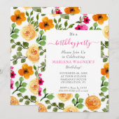 ピンク オレンジ 花 エレガント スクリプト 誕生日パーティー 招待状 (正面/裏面)