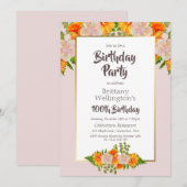 ピンク オレンジ 花 ピンク 100歳の誕生日パーティー 招待状 (正面/裏面)