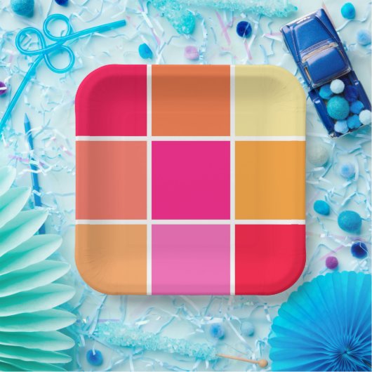 ピンク、オレンジ、黄色の正方形 ペーパープレート (パーティー)