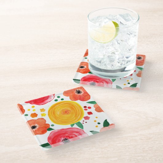 ピンク、オレンジ、黄色の水カラーフローラ ガラスコースター (アングル)