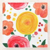 ピンク、オレンジ、黄色の水カラーフローラ ガラスコースター (正面)