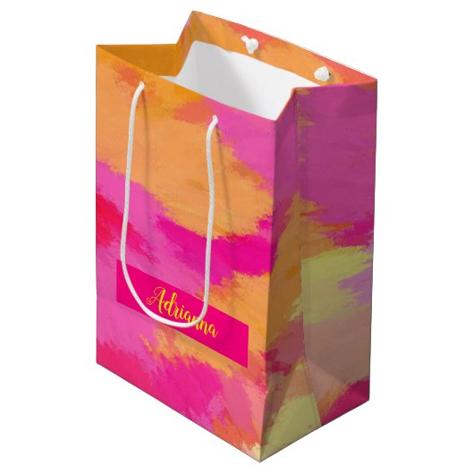 ピンク、オレンジ、黄色の水色 ミディアムペーパーバッグ (正面アングル)
