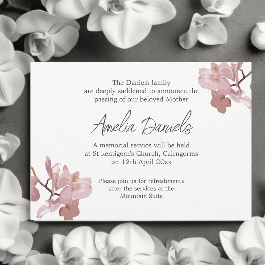 ピンク・オーキッド葬儀アナウンスメントカード 招待状