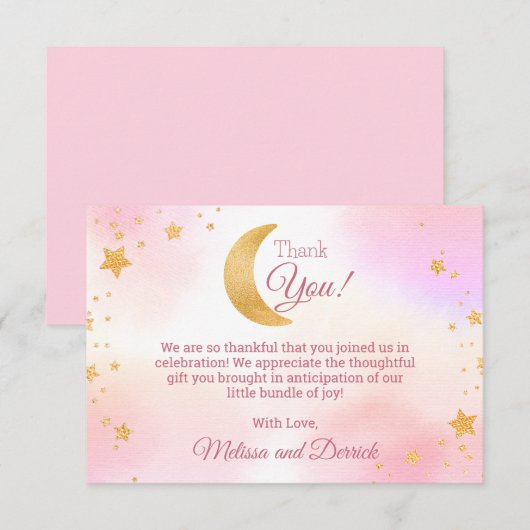 ピンク・オーバー・ザ・ムーンガール赤ちゃんシャワーサンキューカード サンキューカード (正面/裏面)