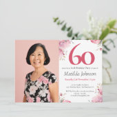 ピンク カスタム フォト ウォーターカラー フローラル 60歳の誕生日 招待状 (スタンド正面)