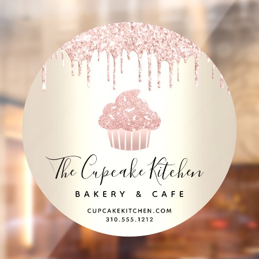 ピンク カップケーキ グリッター ドリップス ベーカリー ペストリー カフェ ゴールド ウィンドウサイン (シート2)