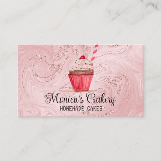 ピンク カップケーキ スイート ケーキ ベイクス 手作りパン屋 バス 名刺 (正面)