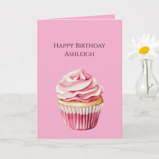 ピンク カップケーキ バースデー カード (小さな植物)