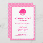 ピンク・カップケーキ・水玉模様・バースデー・パーティー 招待状 (正面/裏面)