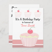 ピンク カップケーキ 誕生日 招待状 (正面/裏面)