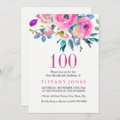 ピンク カラフル トロピカル フローラル 100歳の誕生日 招待状 (正面/裏面)